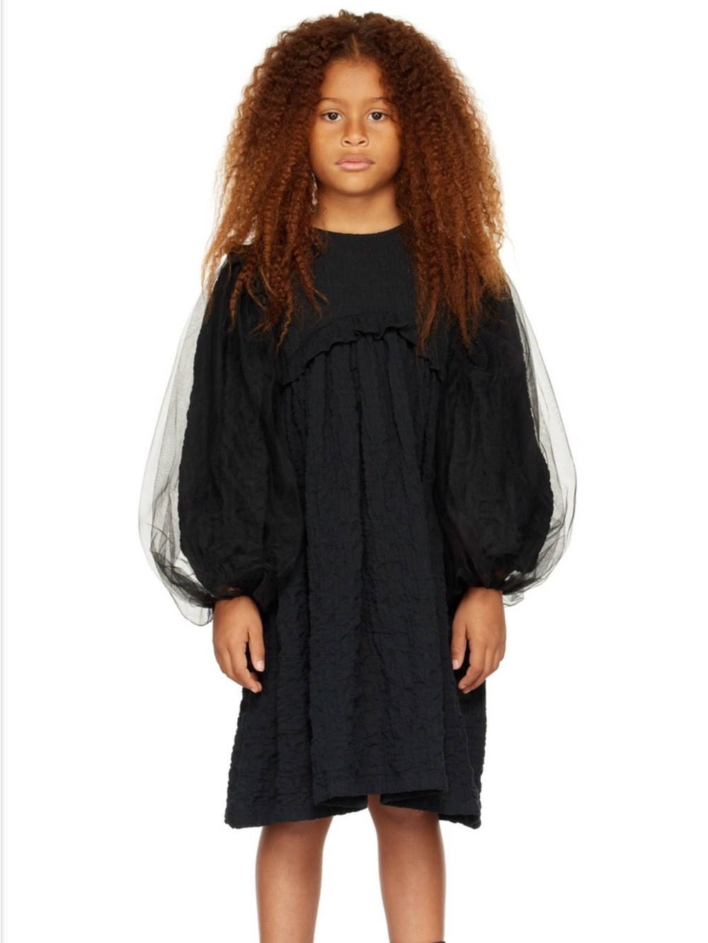 Elegant Black Puff-Sleeve Kids Dress with Textured Bodice